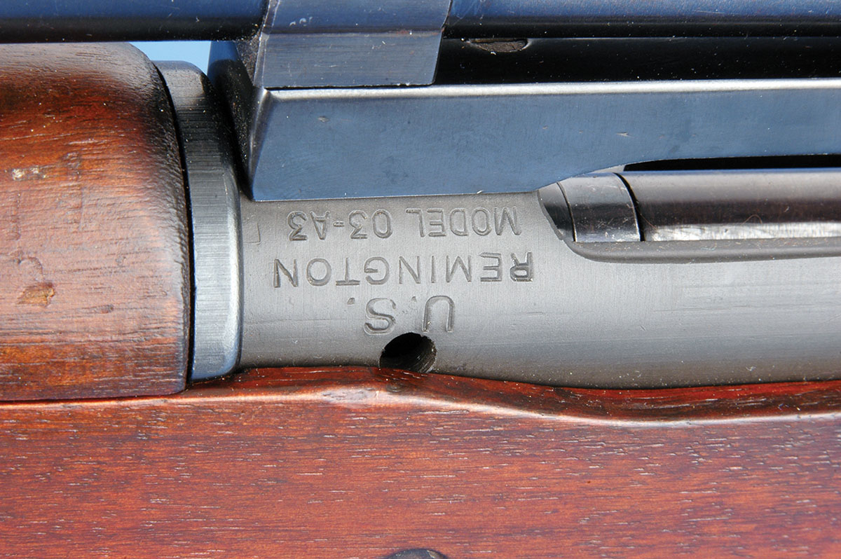 Although still marked Model 03A3, rifles intended for scope mounting were deemed 03A4 with the stamping moved to the receivers’ left sides.